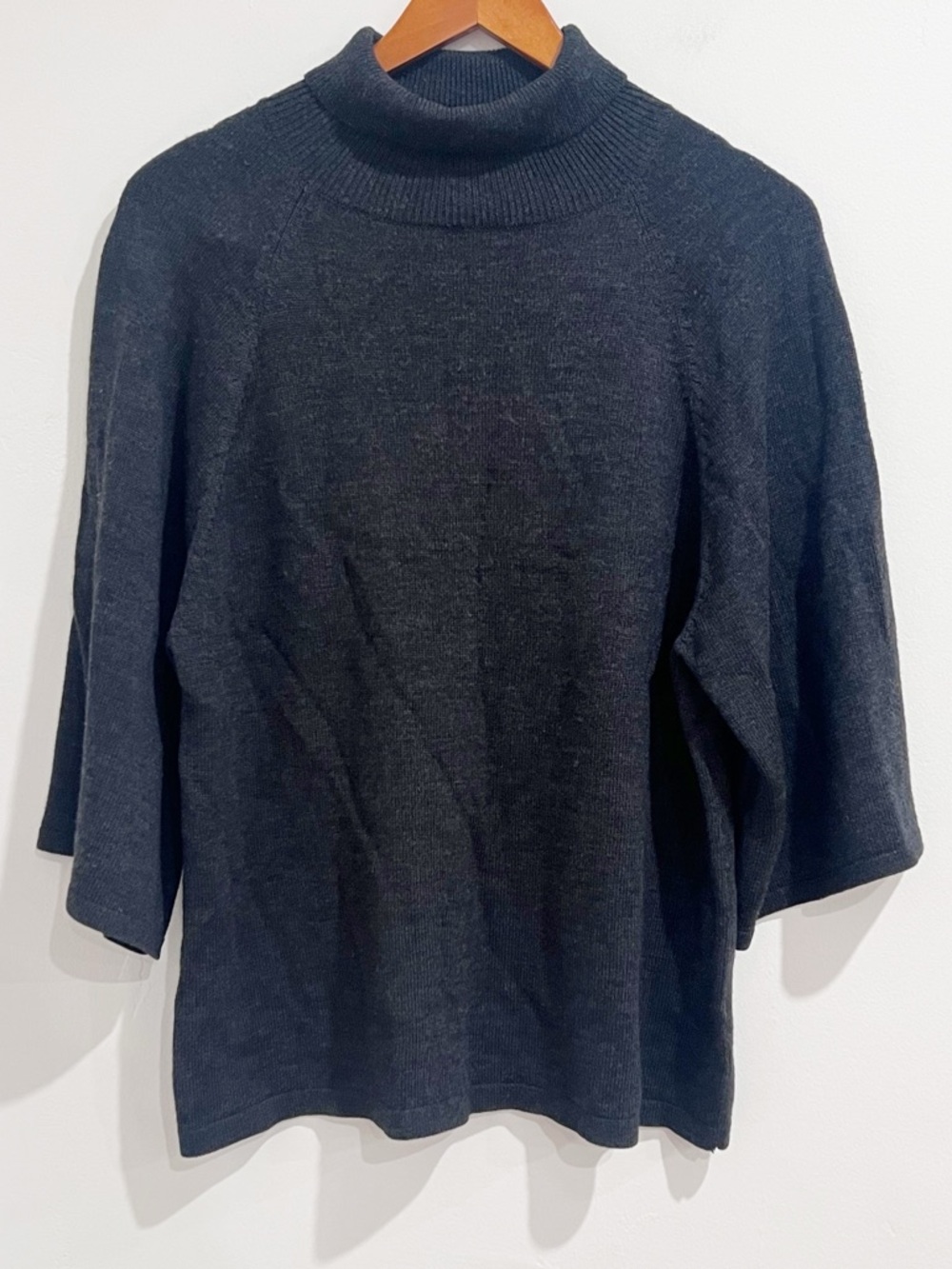 EUC Eileen Fisher Charcoal Grey Mock Neck Kimono Sleeve Merino Wool Sweater